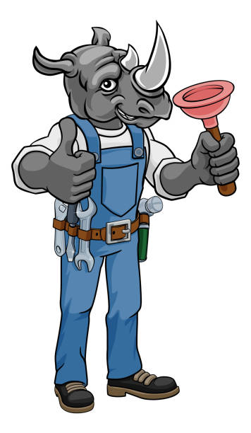 Rhino Plumber Cartoon Mascot Holding Plunger A rhino plumber cartoon mascot holding a toilet or sink plunger and giving a thumbs up animal head man stock illustrations