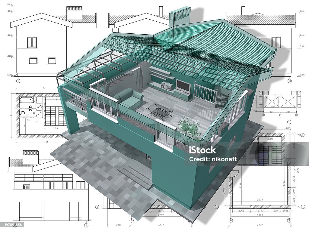 Inside. Section of residential house on architect drawing. Apartment Stock Photo