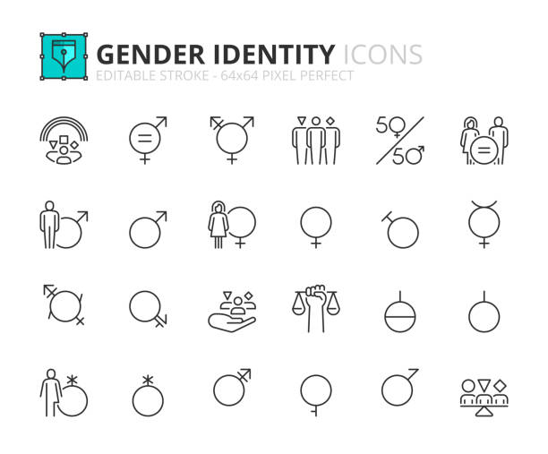 Simple set of outline icons about gender identity. Line icons about gender identity. Contains such icons as equality, male, female, transgender and genderqueer. Editable stroke Vector 64x64 pixel perfect gender equality stock illustrations