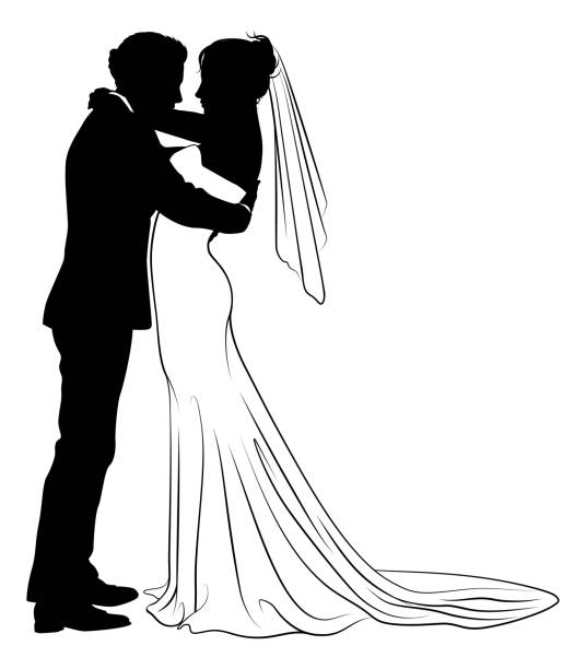 ilustraciones, imágenes clip art, dibujos animados e iconos de stock de novia y novio pareja vestido de novia siluetas - dancing women wedding reception men