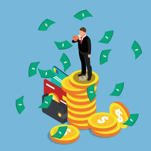 Vector illustration of Businessman standing on stacked of coins under money rain 3d isometric
