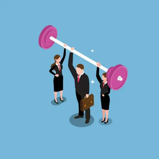 Vector illustration of Business team lifting dumbbell together - teamwork 3d
