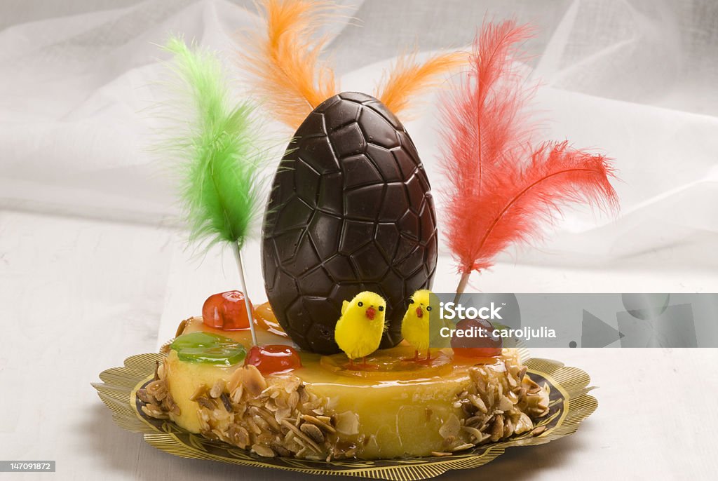 Spanish cuisine. Easter cake. Spanish cuisine. Typical Easter cake from Spain, decorated with a chocolate egg and colourful feathers. Mona de Pascua. Cake Stock Photo