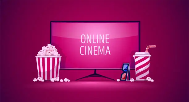Vector illustration of Online movie cinema. Screen of TV, popcorn, cola. Vector