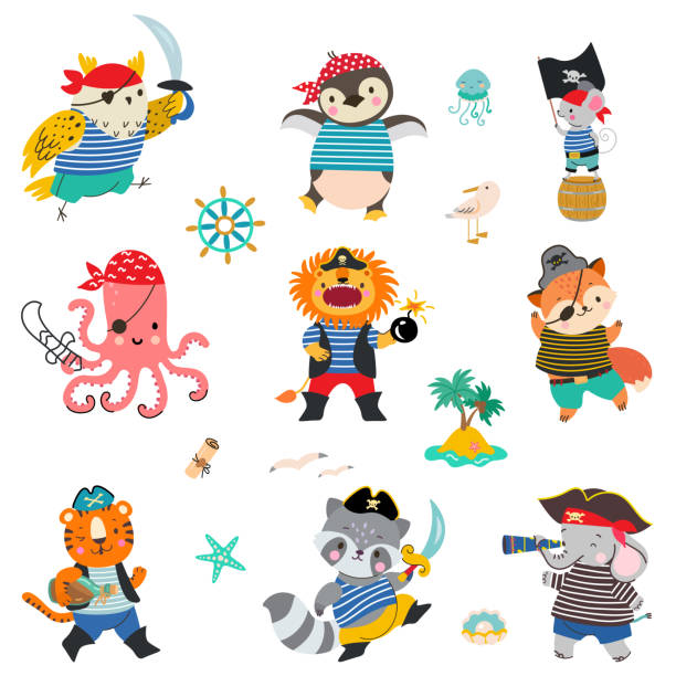 ilustraciones, imágenes clip art, dibujos animados e iconos de stock de piratas animales, valiente león pirata marino, mapache y zorro. los animales de dibujos animados usan trajes de ladrón de océanos y capitán de barco, divertidos personajes vectoriales infantiles - symbol sea animal owl