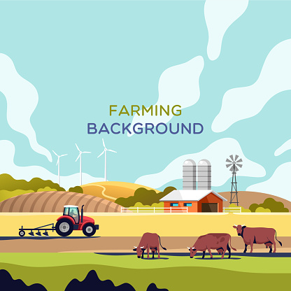 Agriculture industry, farming and animal husbandry concept. Summer rural landscape with cows, fields and farm. Vector illustration for mobile and web graphics.