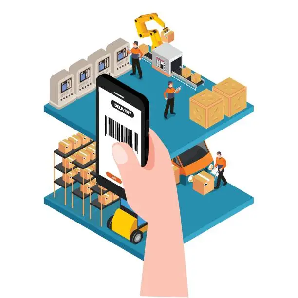 Vector illustration of Warehousing and storage delivery app on a smartphone 3d isometric vector