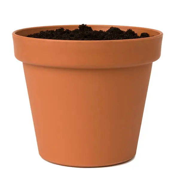 Flower pot with soil on white background