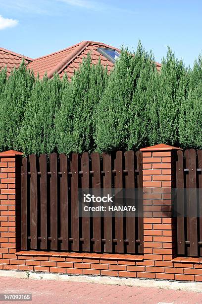 Brown Fence Stock Photo - Download Image Now - Blue, Brick, Bush