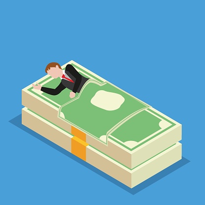 businessman in suit sleeping or napping on pack or pile of cash or money 3d isometric vector illustration concept for banner, website, landing page, ads, flyer template