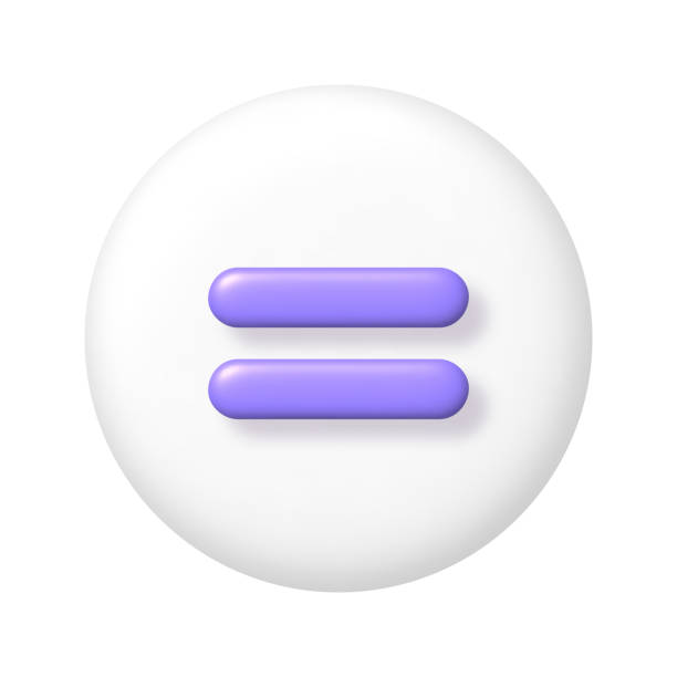 ikona math 3d. fioletowy znak arytmetyczny równa się na białym okrągłym przycisku. realistyczny element projektu 3d. - znak równości stock illustrations