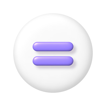 Math 3D icon. Purple arithmetic equals sign on white round button. 3d realistic design element. Vector illustration.