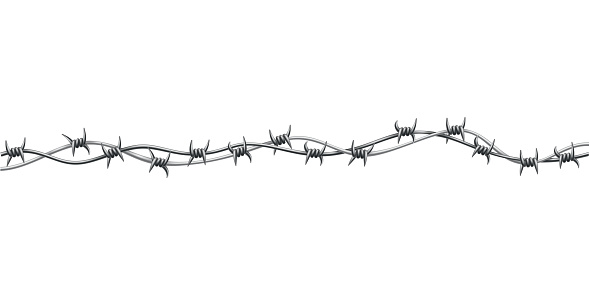 Barbed wire. Fencing strong sharply pointed element, twisted around, art pattern. Industrial barbwire, protection concept design. Modern metallic sharp element for area protection.