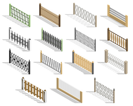 Isometric fences icon set. Urban real estate boundary elements. Spans fences of various materials. For gaming environment, app or web design.