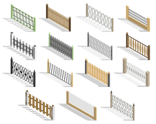 Isometric fences icon set. Urban real estate boundary elements. Spans fences of various materials. For gaming environment, app or web design Isometric fences icon set. Urban real estate boundary elements. Spans fences of various materials. For gaming environment, app or web design. fenced area stock illustrations