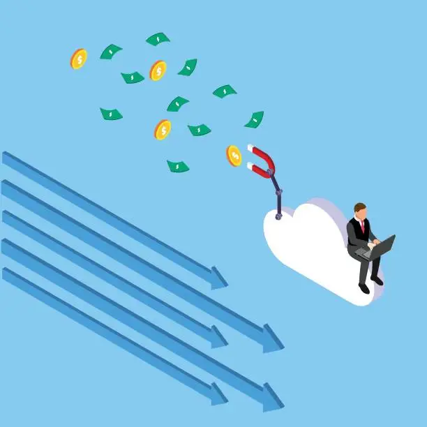 Vector illustration of Businessman working on cloud flying attracting money 3d isometric