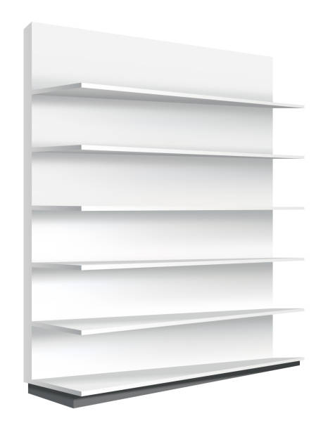 istock Store shelves. Supermarket showcase template. Set of white empty retail shelf rack. Mockup ready for your design. Isolated on white background 1470925049