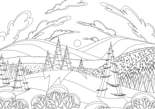 Winter landscape, snowy pines on foreground and mountains peaks, hills, clouds on sky background. Coloring illustration. Vector drawing of snow-covered field. Mountains winter snowy landscape.