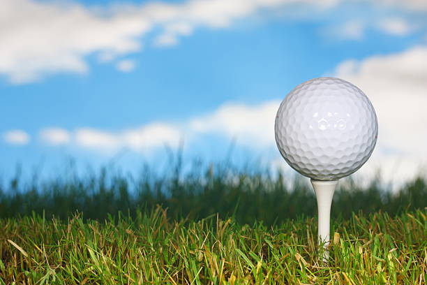 istock Golf ball on a white tee with lush grass. 147092619