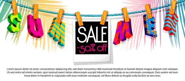 Vector illustration of The concept of summer sale and discounts. Text and quick print photo with summer discounts on clothespins on a white background in the shade of palm trees with space for text.