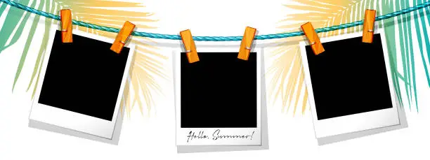 Vector illustration of The concept of summer holidays and holidays. Fast photo printing with a greeting on clothespins on a white background in the shade of palm trees.