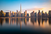 Long Exposure of The Business Bay Dubai City Skyline at Twilight, United Arab Emirates