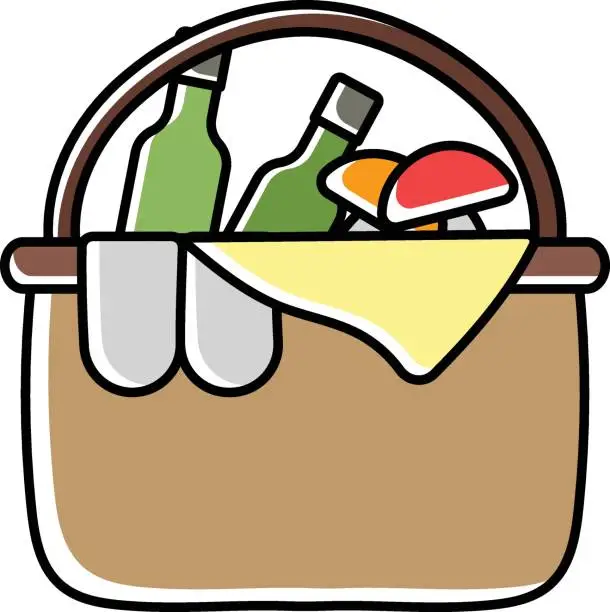 Vector illustration of bamboo hampers with food vector color omission icon design, Camping and outdoor symbol, extreme sports equipment sign, Wildlife and Expedition illustration, Picnic Basket with drinks concept