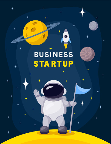 Astronaut in space. Cartoon Creative Mascot. Business startup with space background. Business startup with space background.