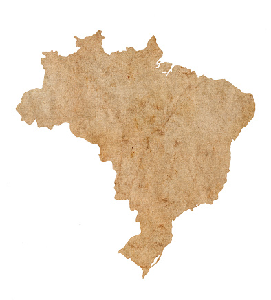 Brazil map with wood texture on white canvas with recycled paper texture, with copy space for design. Wooden mold of a map of Brazil. Brasil