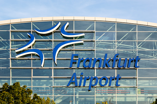 Frankfurt, Germany - August 2, 2022: Airport Logo Fraport on Terminal 2 at Frankfurt airport (FRA) in Germany.