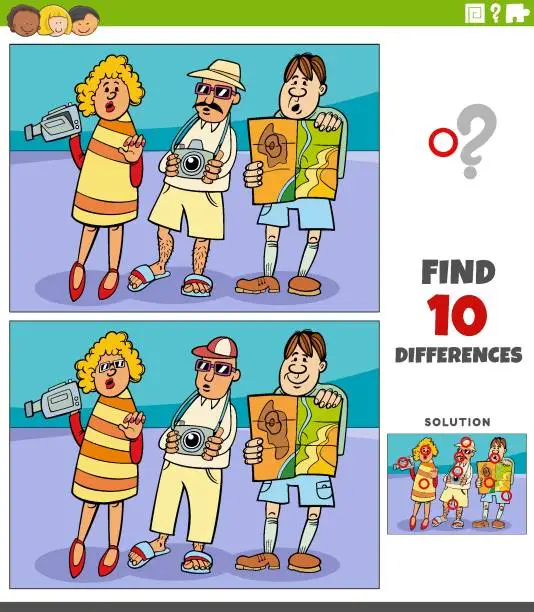 Vector illustration of differences game with cartoon tourists characters