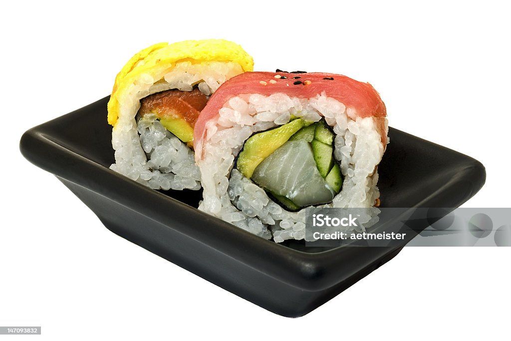 寿司皿の上に孤立した白い背景 - えび握りのロイヤリティフリーストックフォト