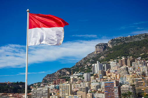 Panorama of Monte Carlo with a flag of Monaco.