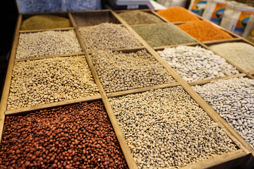 Various oriental nuts on a market stand in the Middle-East.