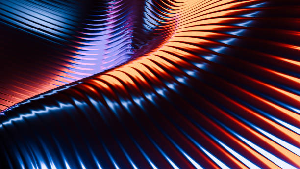 istock Wallpaper with metallic waves in a orange-blue gradient - 3d illustration 1470940210