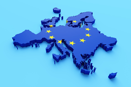International border of European Union textured with European Union Flag on blue background. Horizontal composition.