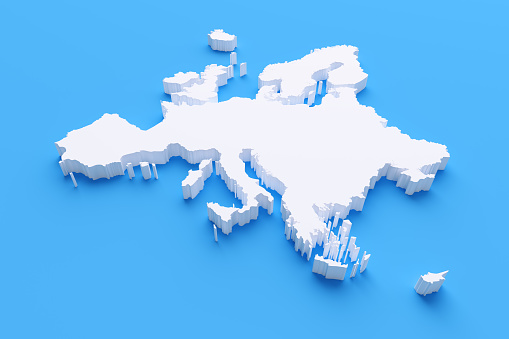 International border of Europe on blue background. Horizontal composition.