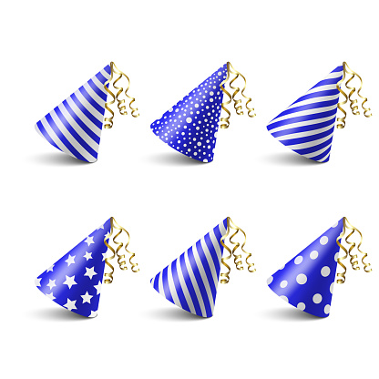 Vector 3d Realistic Blue and White Birthday Party Hat Icon Set Isolated on White Background. Party Cap Design Template for Party Banner, Greeting Card. Holiday Hats, Cone Shape, Front View.