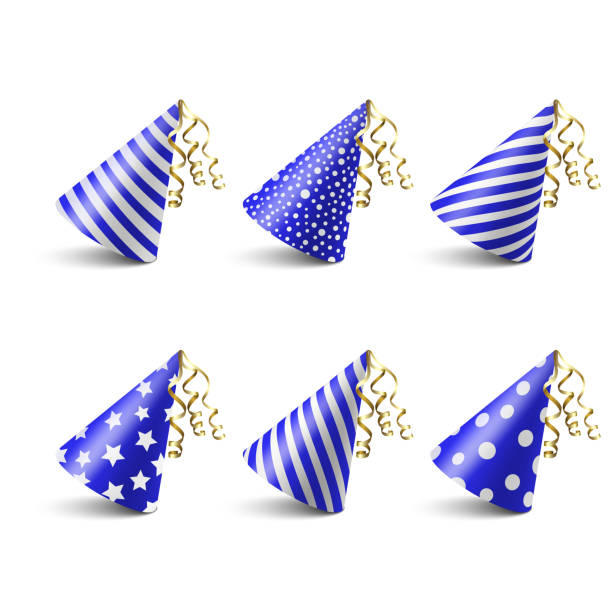 Vector 3d Realistic Blue and White Birthday Party Hat Icon Set Isolated on White Background. Party Cap Design Template for Party Banner, Greeting Card. Holiday Hats, Cone Shape, Front View Vector 3d Realistic Blue and White Birthday Party Hat Icon Set Isolated on White Background. Party Cap Design Template for Party Banner, Greeting Card. Holiday Hats, Cone Shape, Front View. party hat stock illustrations