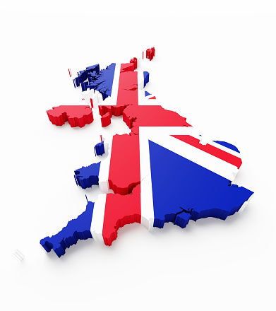International border of United Kingdom textured with British flag on blue background. Vertical composition.