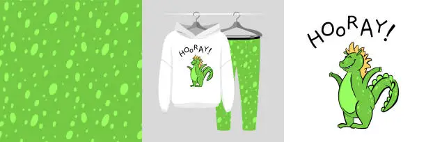 Vector illustration of Seamless pattern and illustration for a kid with dragon, text Hooray!