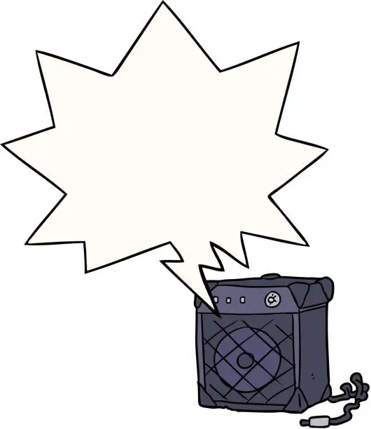 Vector illustration of cartoon electric guitar amp with speech bubble