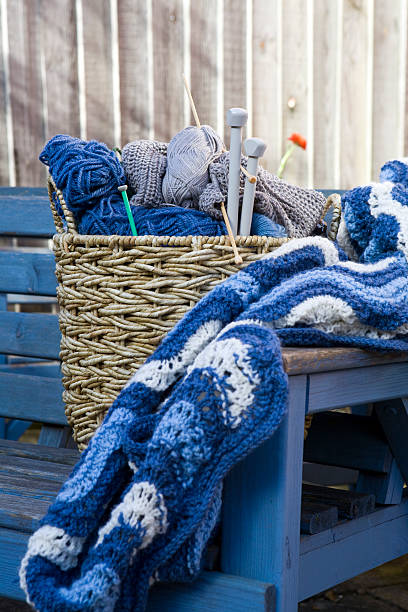 istock Blue wool and knitting needles in a wicker basket 147094457