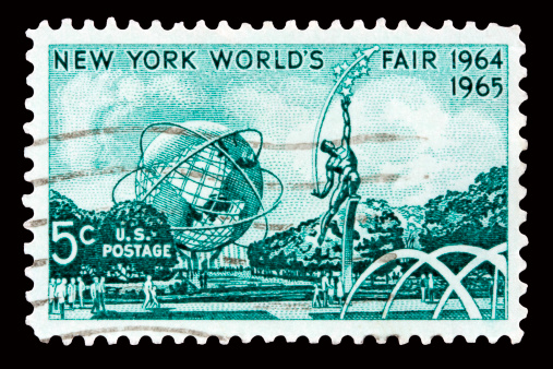 A 1965 issued 5 cent United States postage stamp showing New York World's Fair.