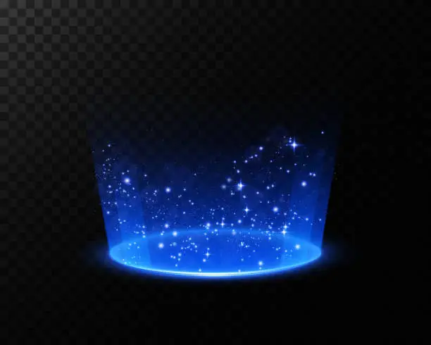 Vector illustration of Magic fantasy portal. Futuristic teleport. Light effect. Blue rays of a night scene with sparks on a transparent background. Vector