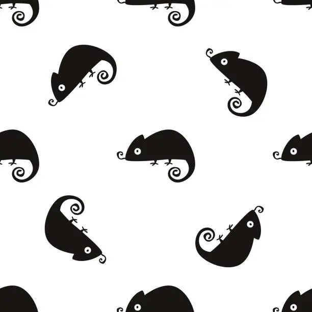 Vector illustration of Seamless pattern with monochrome black chameleons.