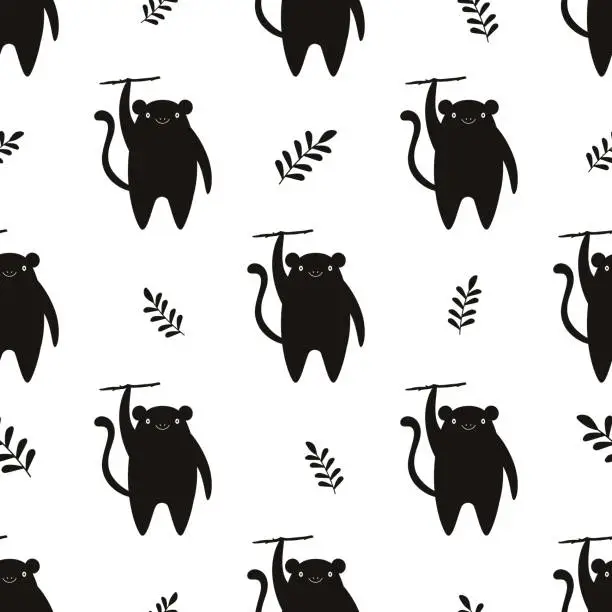 Vector illustration of Seamless pattern with monochrome black monkeys.