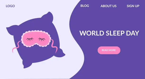 Vector illustration of World Sleep Day website page concept. Landing page template with pillow and mask.