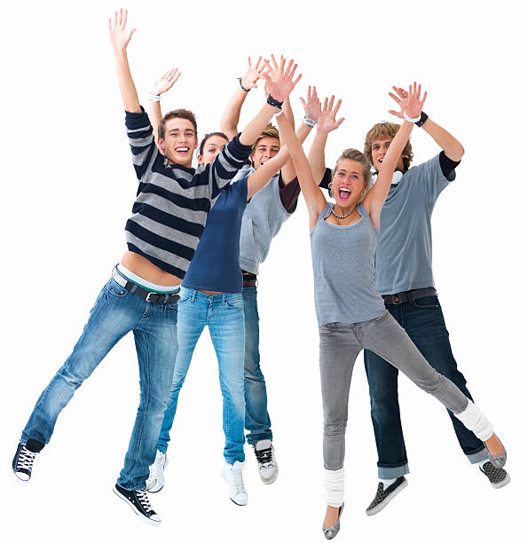 istock Happy young friends jumping with hands raised 147095203