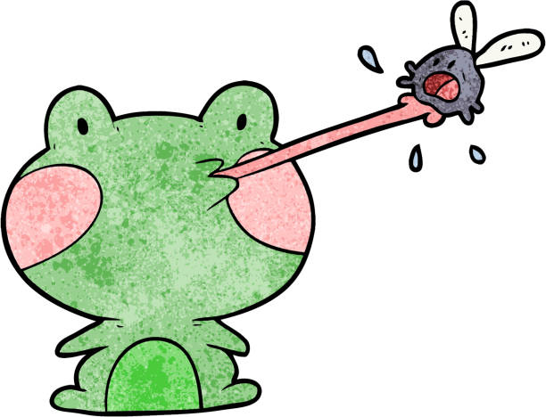 illustrations, cliparts, dessins animés et icônes de mignon dessin animé grenouille attrapant mouche avec la langue - frog animal tongue animal eating